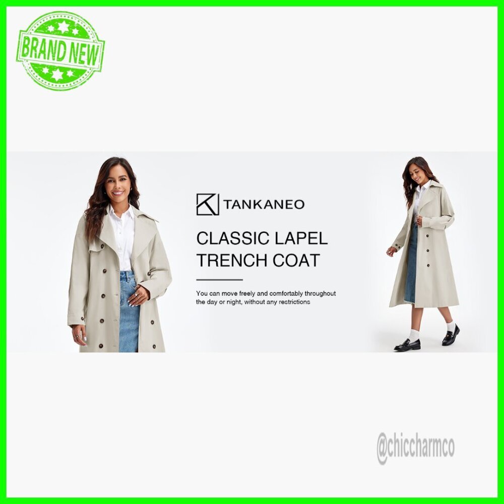 Oversized Long Trench Coat with Belt, Double Breasted Lapel, Water Resistant - Picture 7 of 7